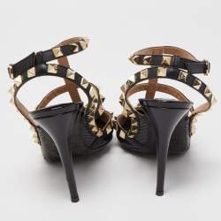 Pre Owned Valentino Black Snakeskin Rockstud Ankle Strap Pumps Size 37