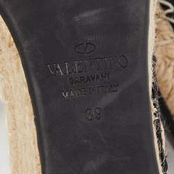 Pre Owned Valentino Black Canvas Rockstud Butterfly Applique Espadrille Wedge Pumps Size 39