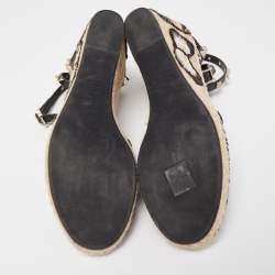 Pre Owned Valentino Black Canvas Rockstud Butterfly Applique Espadrille Wedge Pumps Size 39