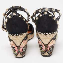 Pre Owned Valentino Black Canvas Rockstud Butterfly Applique Espadrille Wedge Pumps Size 39