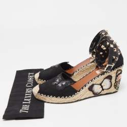 Pre Owned Valentino Black Canvas Rockstud Butterfly Applique Espadrille Wedge Pumps Size 39