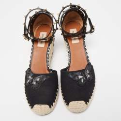 Pre Owned Valentino Black Canvas Rockstud Butterfly Applique Espadrille Wedge Pumps Size 39