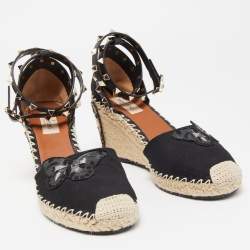 Pre Owned Valentino Black Canvas Rockstud Butterfly Applique Espadrille Wedge Pumps Size 39