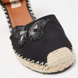 Pre Owned Valentino Black Canvas Rockstud Butterfly Applique Espadrille Wedge Pumps Size 39