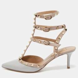 Pre Owned Valentino Grey Patent Leather Rockstud Ankle Strap Pumps Size 37