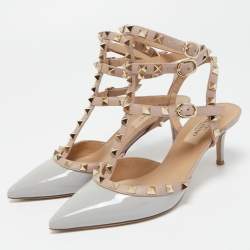 Pre Owned Valentino Grey Patent Leather Rockstud Ankle Strap Pumps Size 37
