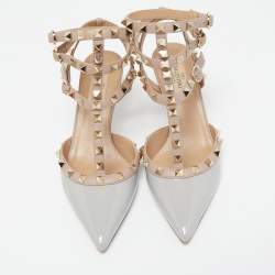 Pre Owned Valentino Grey Patent Leather Rockstud Ankle Strap Pumps Size 37