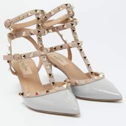 Pre Owned Valentino Grey Patent Leather Rockstud Ankle Strap Pumps Size 37