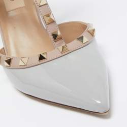 Pre Owned Valentino Grey Patent Leather Rockstud Ankle Strap Pumps Size 37
