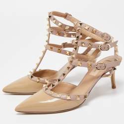 Pre Owned Valentino Beige Patent and Leather Rockstud Pumps Size 36