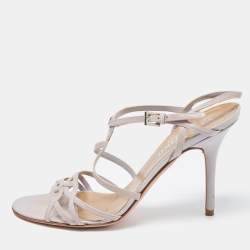 Pre Owned Valentino Grey Leather Strappy Sandals Size 38.5