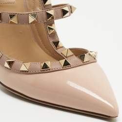 Pre Owned Valentino Pink/Beige Patent and Leather Rockstud Ankle Strap Pumps Size 36