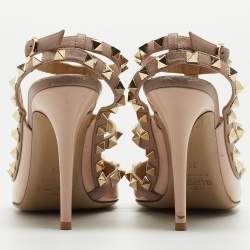 Pre Owned Valentino Pink/Beige Patent and Leather Rockstud Ankle Strap Pumps Size 36