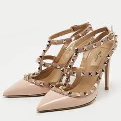 Pre Owned Valentino Pink/Beige Patent and Leather Rockstud Ankle Strap Pumps Size 36