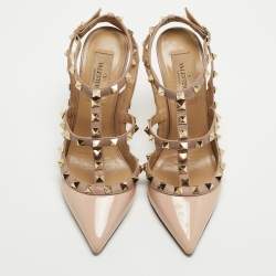 Pre Owned Valentino Pink/Beige Patent and Leather Rockstud Ankle Strap Pumps Size 36