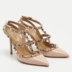 Pre Owned Valentino Pink/Beige Patent and Leather Rockstud Ankle Strap Pumps Size 36