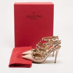 Pre Owned Valentino Pink/Beige Patent and Leather Rockstud Ankle Strap Pumps Size 36