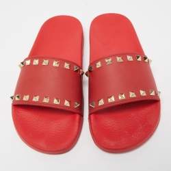 Pre Owned Valentino Red Rubber Rockstud Slides Size 38