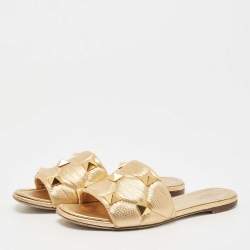 Pre Owned Valentino Gold Quilted Leather Roman Stud Flat Slides Size 38.5