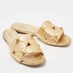 Pre Owned Valentino Gold Quilted Leather Roman Stud Flat Slides Size 38.5