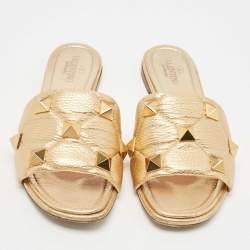 Pre Owned Valentino Gold Quilted Leather Roman Stud Flat Slides Size 38.5