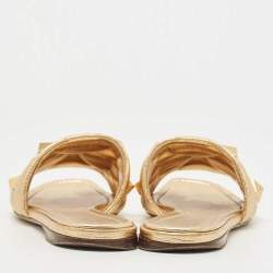 Pre Owned Valentino Gold Quilted Leather Roman Stud Flat Slides Size 38.5