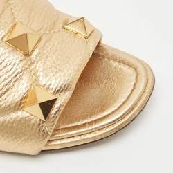 Pre Owned Valentino Gold Quilted Leather Roman Stud Flat Slides Size 38.5