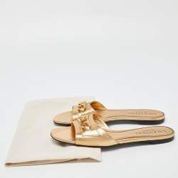 Pre Owned Valentino Gold Leather VLogo Flat Slides Size 38.5