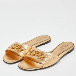 Pre Owned Valentino Gold Leather VLogo Flat Slides Size 38.5