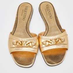 Pre Owned Valentino Gold Leather VLogo Flat Slides Size 38.5