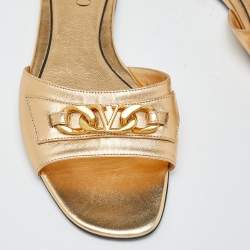 Pre Owned Valentino Gold Leather VLogo Flat Slides Size 38.5