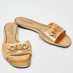 Pre Owned Valentino Gold Leather VLogo Flat Slides Size 38.5