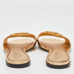 Pre Owned Valentino Gold Leather VLogo Flat Slides Size 38.5