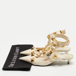 Pre Owned Valentino Cream Leather Roman Stud Ankle Strap Pumps Size 38.5