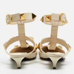 Pre Owned Valentino Cream Leather Roman Stud Ankle Strap Pumps Size 38.5