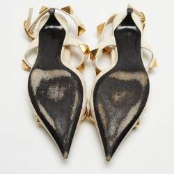 Pre Owned Valentino Cream Leather Roman Stud Ankle Strap Pumps Size 38.5