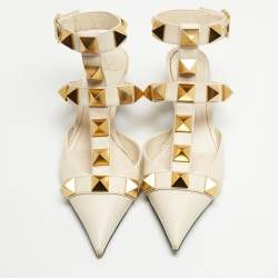 Pre Owned Valentino Cream Leather Roman Stud Ankle Strap Pumps Size 38.5