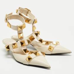 Pre Owned Valentino Cream Leather Roman Stud Ankle Strap Pumps Size 38.5