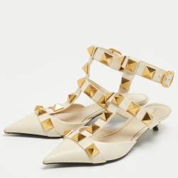 Pre Owned Valentino Cream Leather Roman Stud Ankle Strap Pumps Size 38.5