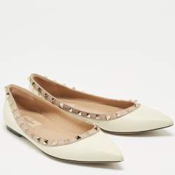 Pre Owned Valentino Cream/Beige Leather Rockstud Ballet Flats Size 38