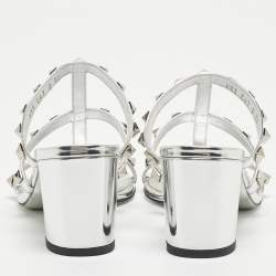 Pre Owned Valentino Silver Leather Rockstud Slides Size 38