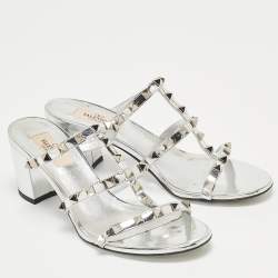 Pre Owned Valentino Silver Leather Rockstud Slides Size 38