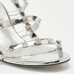 Pre Owned Valentino Silver Leather Rockstud Slides Size 38