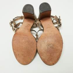 Pre Owned Valentino Metallic Grey Leather Rockstud Ankle Strap Sandals Size 38.5