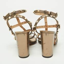 Pre Owned Valentino Metallic Grey Leather Rockstud Ankle Strap Sandals Size 38.5