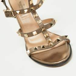 Pre Owned Valentino Metallic Grey Leather Rockstud Ankle Strap Sandals Size 38.5