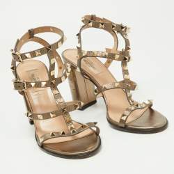 Pre Owned Valentino Metallic Grey Leather Rockstud Ankle Strap Sandals Size 38.5