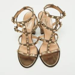 Pre Owned Valentino Metallic Grey Leather Rockstud Ankle Strap Sandals Size 38.5