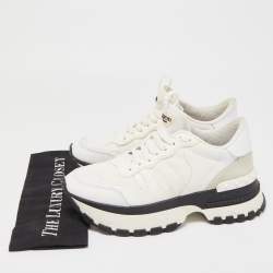 Pre Owned Valentino White Camo Print Leather and Canvas Rockrunner Platform Sneakers Size 38