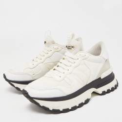 Pre Owned Valentino White Camo Print Leather and Canvas Rockrunner Platform Sneakers Size 38